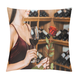 Personality  Cropped Shot Of Beautiful Woman In Red Dress With Wine And Rose At Wine Store Pillow Covers