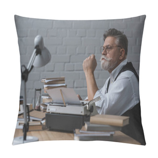Personality  Thoughtful Senior Writer Sitting At Workplace And Looking Away Pillow Covers