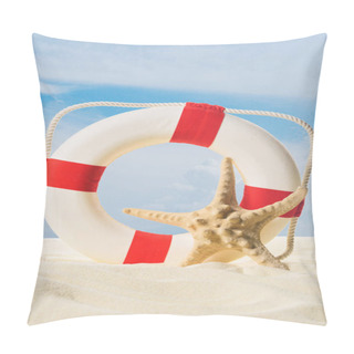 Personality  Life Ring And Starfish In Sand On Blue Sky Background Pillow Covers