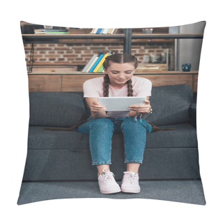 Personality  Smiling Teenage Girl Using Digital Tablet While Sitting On Sofa At Home Pillow Covers