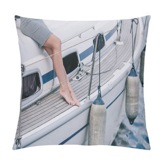 Personality  Cropped Shot Of Young Barefoot Woman Sitting On Yacht Pillow Covers