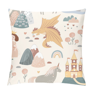 Personality  Princess Seamless Pattern In Scandinavian Style. Castle, Rainbow, Flowers, Unicorn, And Dragon Fairy Kingdom. Vector Boho Background, Textile Design For Children Pillow Covers