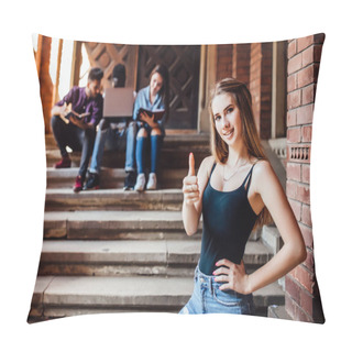 Personality  Portrait Of A Happy Female Student Stay Near Campus With Okay Sign. Success And Education Concept. Pillow Covers
