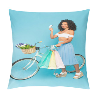 Personality  Cheerful African American Girl Standing Near Bicycle And Holding Credit Card And Shopping Bags On Blue, Summer Concept  Pillow Covers