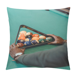 Personality  Cropped Image Of Male Hands Forming Set Of Billiard Balls By Triangle Pillow Covers