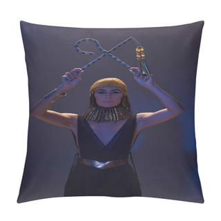 Personality  Woman With Egyptian Makeup And Look Holding Crook And Flail On Brown Background With Blue Light Pillow Covers