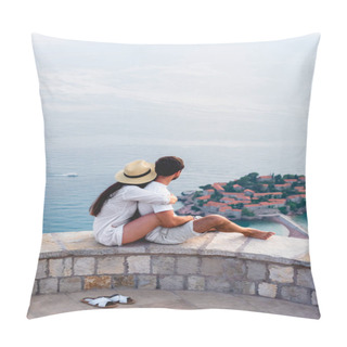 Personality  Couple Hugging And Looking At Island Of Sveti Stefan In Adriatic Sea, Budva, Montenegro  Pillow Covers