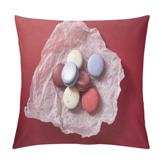 Personality  Top View Of Assorted Delicious Colorful French Macaroons On Crumpled Paper On Red Background Pillow Covers
