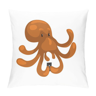 Personality  Octopus With Smartphone, Cute Animal Cartoon Character With Modern Gadget Vector Illustration On A White Background Pillow Covers