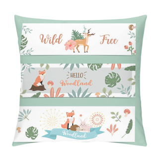 Personality  Set Of Cute Woodland With Deer,fox,mushroom.Vector Illustration For Baby Invitation, Kid Birthday Invitation,banner And Postcard Pillow Covers