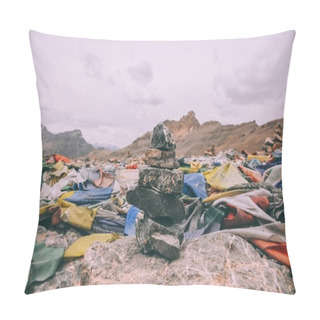 Personality  Pile Of Stones And Colorful Prayer Flags On Mountain Peak In Indian Himalayas, Ladakh Region Pillow Covers