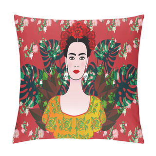 Personality  Portrait Of The Young Beautiful Mexican Woman With A Traditional Hairstyle. Mexican Skulls Earrings, Crown Of Flowers And Red Flowers. Traditional Mexican Dress, Death's Day. Vector Floral Background Pillow Covers