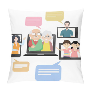 Personality  Webcam Video Conference. Old People And Multi-generational Family Is Involved In Group Video Call Distant. By Using A Smartphone, Tablet, Laptop For Leaving Comments In Social Networks.  Pillow Covers