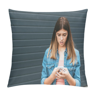 Personality  Upset Teenager Using Smartphone Near Building Outdoor  Pillow Covers