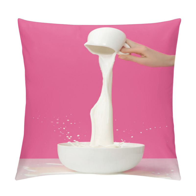 Personality  Partial View Of Person Pouring Fresh Healthy Milk From Jug To Bowl On Pink   Pillow Covers