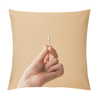 Personality  Cropped View Of Female Hand Holding Ear Stick On Beige Background Pillow Covers