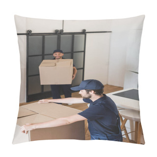 Personality  Blurred Mover Holding Carton Box Near Colleague In Kitchen Pillow Covers