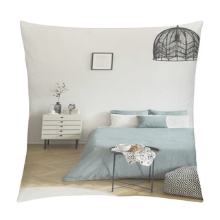 Personality  Breakfast On A Metal Table In Front Of A Bed With Sage Green Bedding In A Natural Bedroom Interior. A Beige Drawer Cabinet By The Bed. Black Lamp Hanging From A Ceiling. Real Photo Pillow Covers