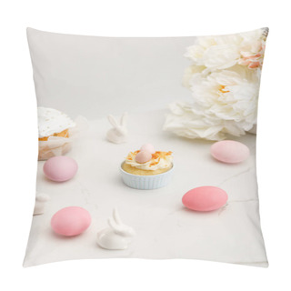 Personality  Cupcake With Colorful Chicken Eggs, Decorative Bunnies, Easter Cakes And Flowers On White Background Pillow Covers
