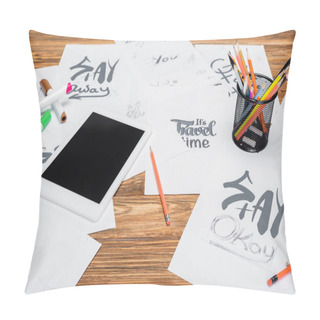 Personality  Digital Tablet With Blank Screen, Color Pencils And Papers With Different Fonts On Wooden Desk Pillow Covers