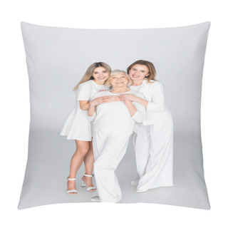 Personality  Full Length Of Three Generation Of Happy Women Smiling While Looking At Camera On Grey Pillow Covers