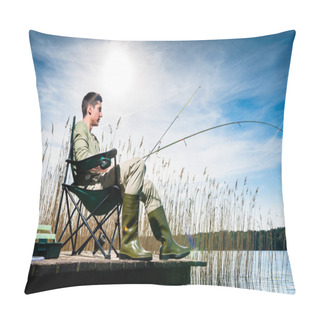 Personality  Man Fishing At Lake Sitting On Jetty Pillow Covers