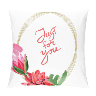 Personality  Red Lotus Flowers. Just For You Handwriting Monogram Calligraphy. Watercolor Background Illustration. Frame Border Golden Round. Hand Drawn In Aquarell. Pillow Covers