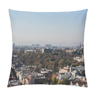 Personality  LVIV, UKRAINE - OCTOBER 23, 2019: Cityscape With Church Of Saint Olha And Elizabeth, And Dominikan Cathedral On Background Pillow Covers