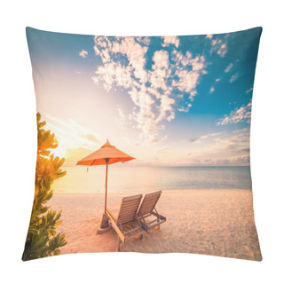 Personality  Beautiful Beach Background For Summer Travel With Sun,coconut Tree And Beach Wooden Bed On Sand With Beautiful Blue Sea And Blue Sky. Summer Mood Sun Beach Background Concept. Pillow Covers