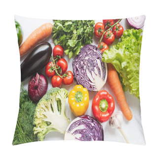 Personality  Top View Of Assorted Fresh Vegetables On White Background Pillow Covers