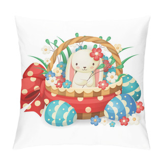 Personality  Vector Illustration For The Easter Holiday. Rabbit In A Basket With Flowers And Eggs. Pillow Covers