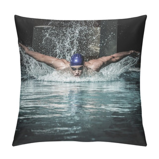 Personality  Young Man In Swimming Cap And Goggles Swim Using Breaststroke Technique  Pillow Covers