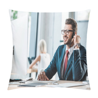 Personality  Selective Focus Of Happy Businessman In Headset Smiling In Office  Pillow Covers