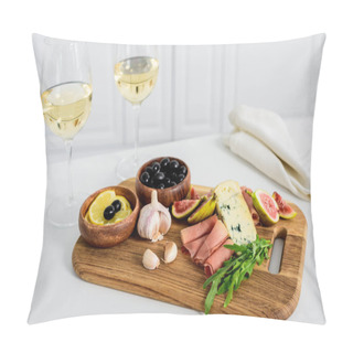 Personality  Close-up View Of Delicious Snacks On Wooden Board And Glasses Of Wine On Table     Pillow Covers
