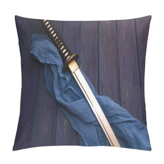 Personality  Japan Katana Sword On The Wood Background With The Blue Shawl Pillow Covers