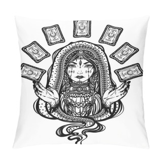 Personality  Vector Illustration, Fortune Teller With Tarot Cards In Hand, Spirituality And Occultism, Handmade, Tattoo, Print On T-shirt Pillow Covers