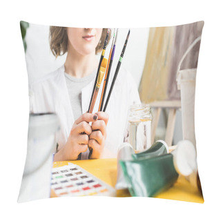 Personality  Close-up View Of Young Artistic Girl With Brushes In Hands In Light Studio Pillow Covers