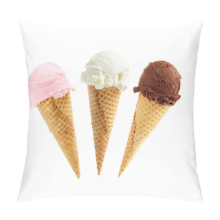 Personality  Assorted Ice Cream In Sugar Cones Isolated On White Background Pillow Covers