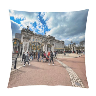 Personality  London, United Kingdom - March 6 2022: Tourists And Other Visitors In Front Of The Entrance Gate Of Royal Palace Buckingham Palace Pillow Covers