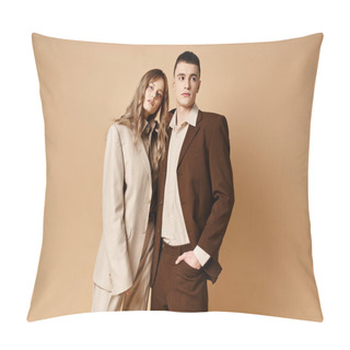 Personality  Appealing Young Man In Debonair Suit Posing Next To His Beautiful Girlfriend Who Looking At Camera Pillow Covers