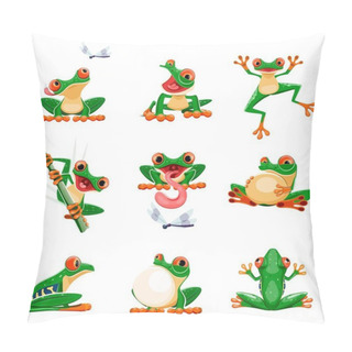Personality  Funny Frogs In Various Poses. Amphibian Croaking, Jumping, Hunting, Catching Fly, Smiling. Exotic Tropical Red-eyed Tree Frog. Wildlife Animal Cartoon Vector Set Pillow Covers