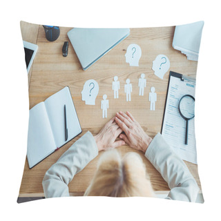 Personality  Top View Of Woman Near Papers And Blank Notebook On Table  Pillow Covers