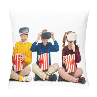 Personality  Amazed Kids With Virtual Reality Headsets On Heads Holding Striped Carton Buckets And Eating Popcorn Isolated On White Pillow Covers
