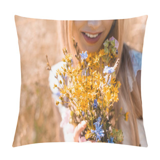 Personality  Cropped View Of Blonde Woman Holding Bouquet Of Wildflowers, Selective Focus Pillow Covers