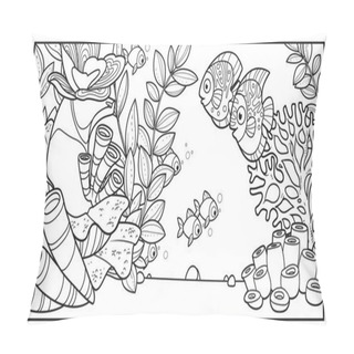 Personality  Two Big Fishes On The Background Of The Seabed With Stones, Corals, Anemones, Starfish And Algae Linear Drawing For Coloring On A White Background  Pillow Covers