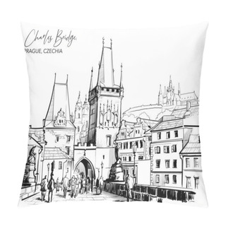Personality  Charles Bridge City View In Prague, Czech Republic. Black Line Drawing Isolated On White Background. EPS 10 Vector Illustration. Pillow Covers