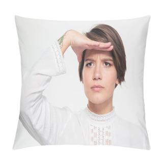 Personality  Concentrated Woman Holding Hand Near Forehead And Looking Far Away Pillow Covers