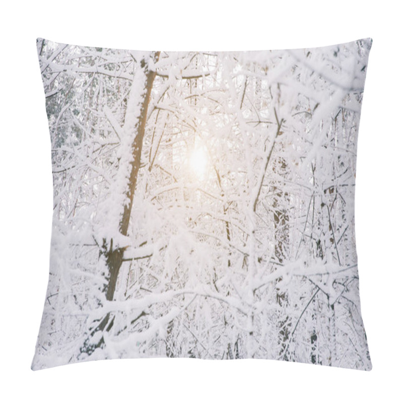 Personality  Sun Between Trees Covered With Snow In Forest Pillow Covers