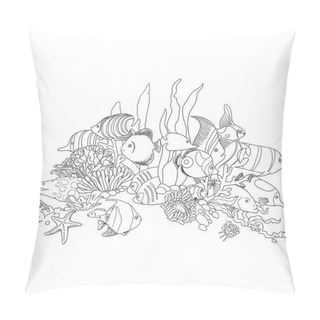 Personality  Coral Reef Fish Outline Cartoon Doodle. Vector Illustration Pillow Covers