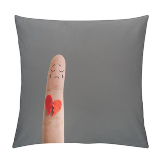 Personality  Cropped View Of Lonely Crying Finger With Broken Heart Isolated On Grey Pillow Covers